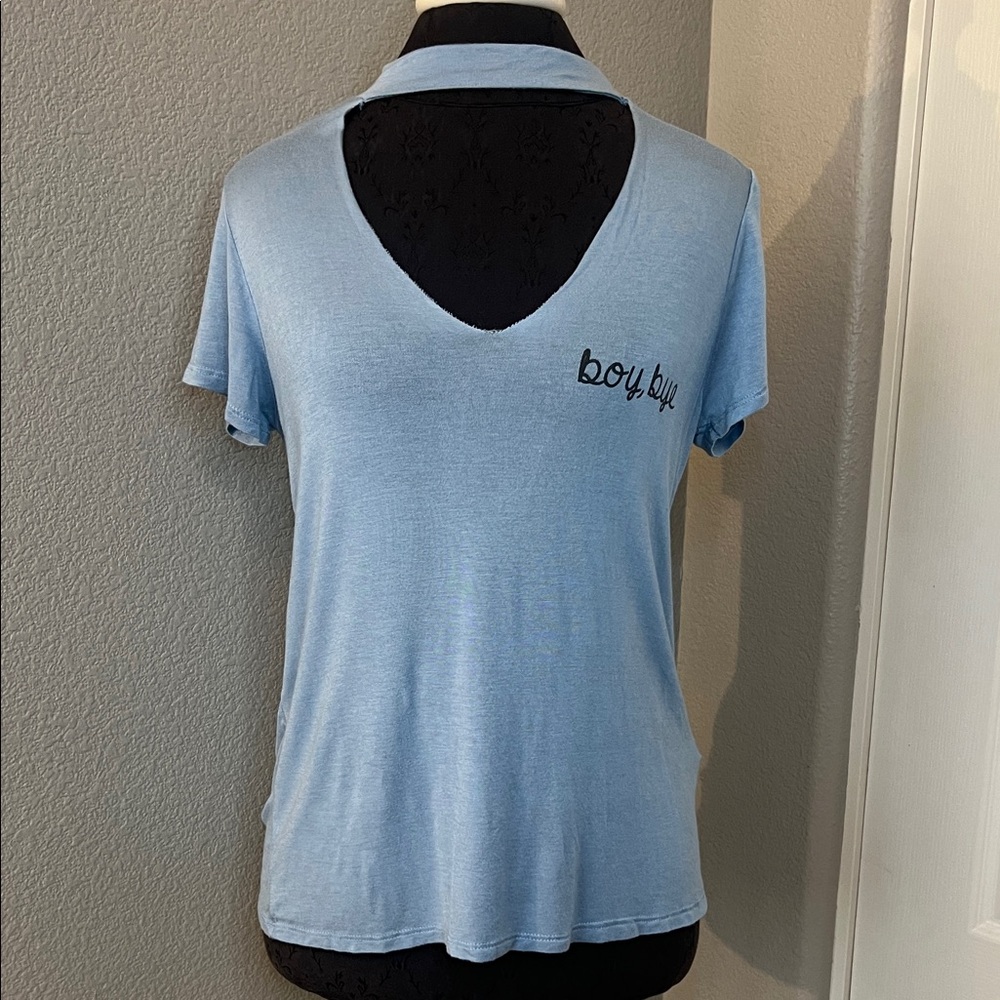 Fashion Nova Boy, Bye Sky Blue V-Neck Tee Size Small